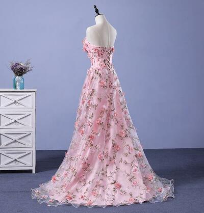 Beautiful A Line Pink Tulle 3D Flowers Prom Dresses