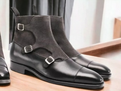 Handmade Men's Black Leather & Suede Three Buckle Cap Toe Ankle Boot