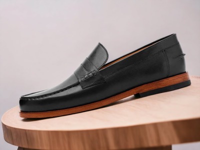 Handmade Men's Black Leather Penny Slip on Loafer Shoes