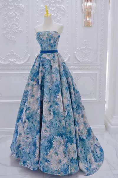 A Line Flower Satin Blue Long Prom Dress, Blue Long Formal Dress KPP1733