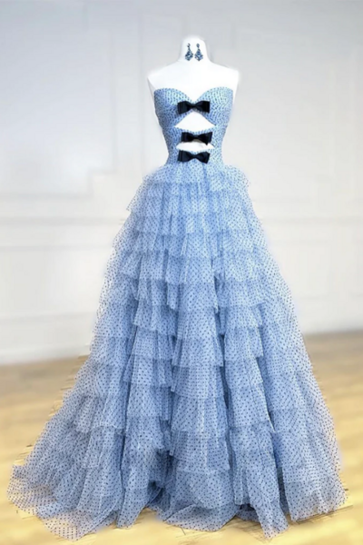 A Line Sweetheart Neck Tulle Blue Long Prom Dress, Blue Long Formal Dress KPP1734
