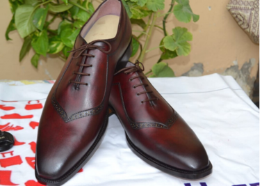 Crafted Leather Classic Burgundy Leather Wingtip Oxford Lace up Dress Shoes