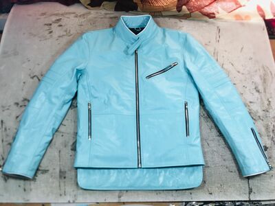 Crafted Leather Denim Genuine Lambskin Leather Motorcycle Jacket Sky Blue