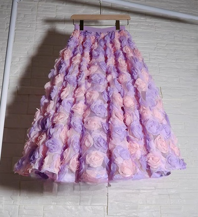 PURPLE PINK Flower Tulle Skirt Outfit Women A-line Polyester Ruffle Floral Skirt Romantic Custom Plus Size Wedding Tulle Skirt