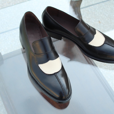 Crafted leather handmade black cream leather moccasin formal loafers shoes - Thumbnail 3