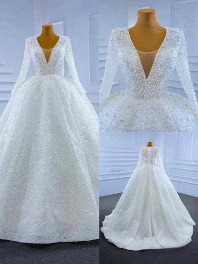 Luxurious Pearl Long Sleeve A-Line Wedding Dress