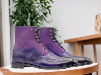Handmade Men's Two tone Laceup Leather & Suede WingTip Brogue Ankle Boot