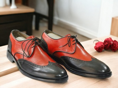Handmade Two tone Leather Lace up Wing tip Shoes