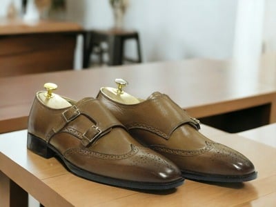 Handmade Men's Two Buckle Leather Wing tip Dress Shoes
