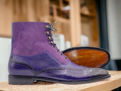 Handmade Men's Two tone Laceup Leather & Suede Brogue Ankle Boot