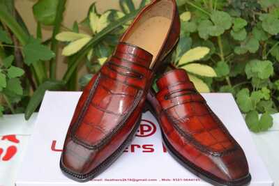 Crafted Leather Handmade Brown Crocodile Texture Leather Loafers Alligator Dress Shoes