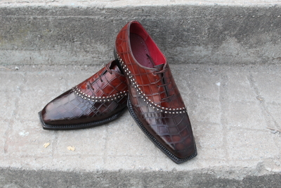Crafted Leather Luxury Handmade Mens Unique Brown Crocodile Texture Leather Alligator Dress Fashion Oxford Shoes
