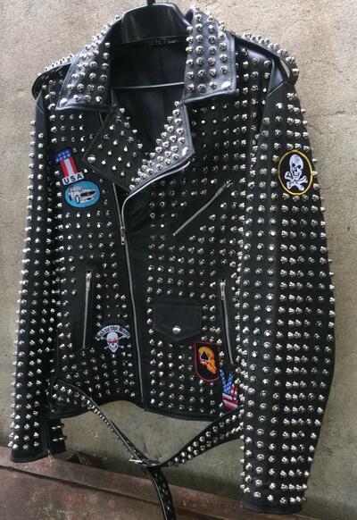 Crafted Leather New Mens Punk Rock Full Silver Studded Patches Black Leather Jacket