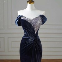 Dark Blue Stretch Ding Mermaid Evening Gown Sweetheart Pleated Long Ball Gown Beaded Women's Pageant Gown - Thumbnail 1