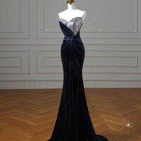 Dark Blue Stretch Ding Mermaid Evening Gown Sweetheart Pleated Long Ball Gown Beaded Women's Pageant Gown - Thumbnail 2