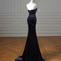 Dark Blue Stretch Ding Mermaid Evening Gown Sweetheart Pleated Long Ball Gown Beaded Women's Pageant Gown - Thumbnail 3
