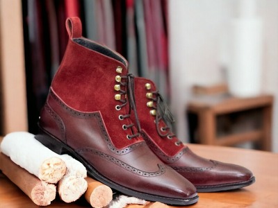 Handmade Men's Two tone Leather & Suede Wing Tip Lace up Ankle Boot