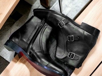 Handmade Men's Black Leather Three Buckle Side Zipper Boot