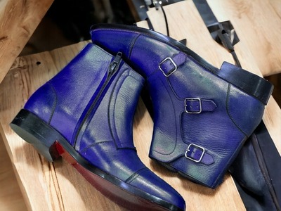 Handmade Men's Blue Leather Three Buckle Side Zipper Boot