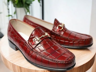 Handmade Men's Red Alligator Leather Horse Bit Slip on Loafer Shoes