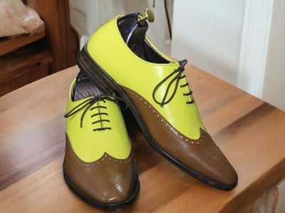 Men's Yellow Brown Lace Up Dress Leather Shoes