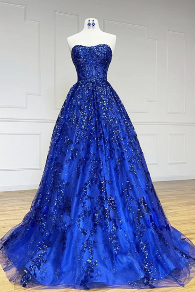 A Line Sweetheart Neck Tulle Sequin Blue Long Prom Dress, Blue Long Formal Dress KPP1739