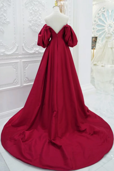 A Line Puff Sleeves Satin Dark Red Long Prom Dress, Dark Red Long Evening Dress KPP1740