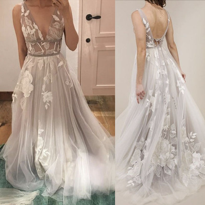 V Neck V Back Wedding Dresses Bridal Gown Charming