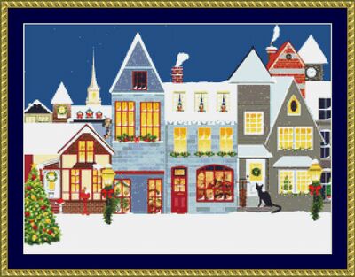 Cat At The Christmas Village Cross Stitch Pattern