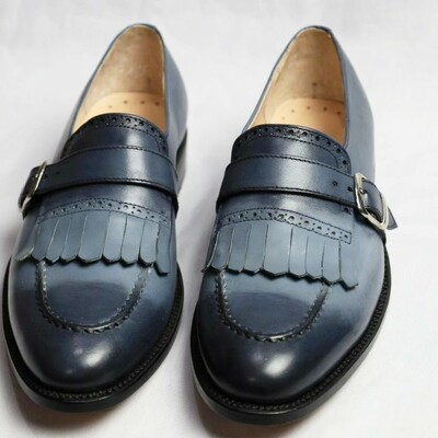 Crafted leather handmade gray black shaded fringes single monk strap party wear dress shoes - Thumbnail 4