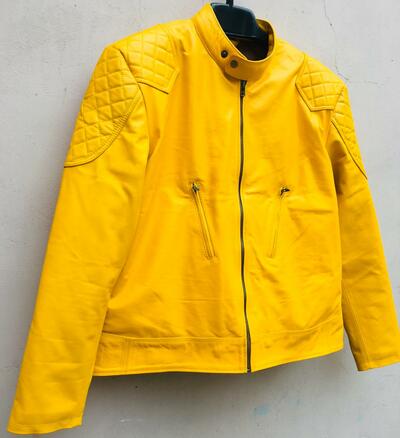 Crafted Leather Men's Yellow Motorcycle Genuine Lambskin Leather Jacket Slim fit Biker jacket