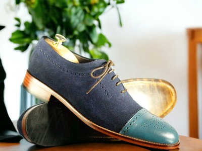 Handmade Men's Two tone Laceup CapToe Leather & Suede Shoes