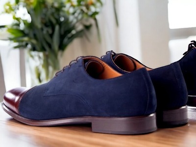 Handmade Men's Two tone Laceup Leather & Suede Derby Dress Shoes