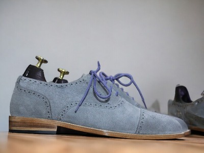 Handmade Men's Gray Suede Laceup Brogue toe Dress Shoes