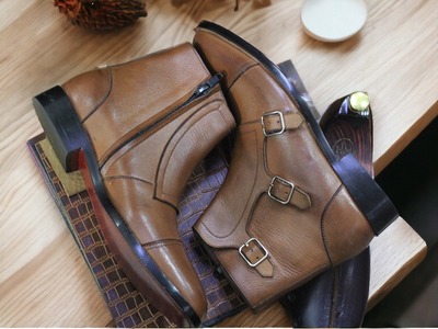 Handmade Men's Brown Leather Triple Buckle Zipper Boot