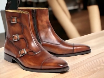 Handmade Men's Brown Leather Cap toe Triple Buckle Zipper Ankle High Boot