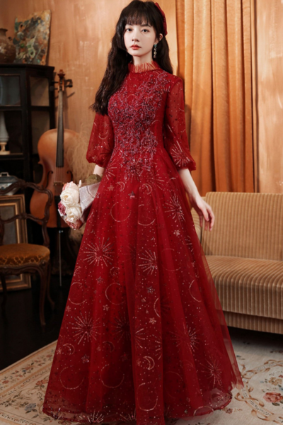Wine Red Tulle Puffy Sleeves Long Party Dress, Wine Red Long Prom Dress KPP1741