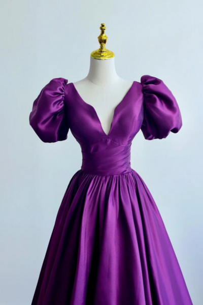 Purple Satin A Line Short Sleeves Long Formal Dress, Purple Evening Dress Prom Dress KPP1742
