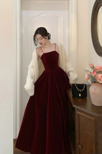 Dark Red Velvet Straps Long Evening Dress, Dark Red Velvet Prom Dress KPP1743