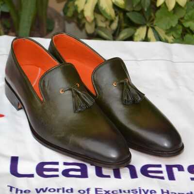 Crafted leather green leather tassel loafers dress shoes - Thumbnail 4