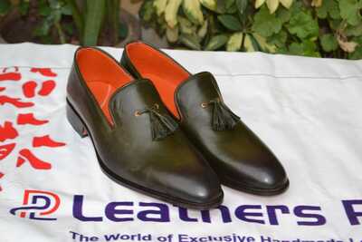 Crafted Leather Green Leather Tassel Loafers Dress Shoes