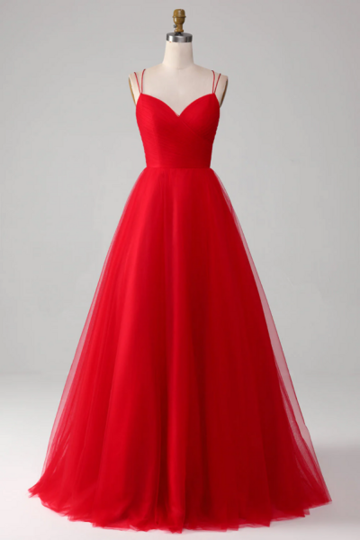 Red Ball Gown Princess V Neck Tulle Pleated Long Prom Dress KPP1745
