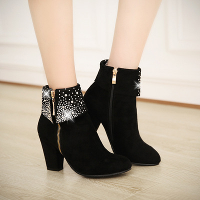 Large size high heel thick heel rhinestone short boots women's wedding boots 3 colors
