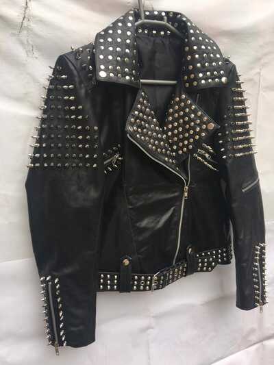 Crafted Leather Women Punk Black Studded Spike Sliver Studs Jacket