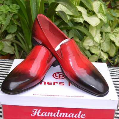 Crafted leather handmade men red patent loafers dress shoes - Thumbnail 4