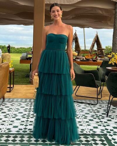 A Line Dark Green Long Tulle Prom Dresses