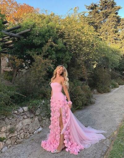 Charming Strapless High Slit Pink Prom Dress With Flowers