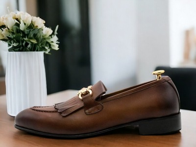 Handmade Men's Brown Leather Fringe Horse Bit Loafer shoes