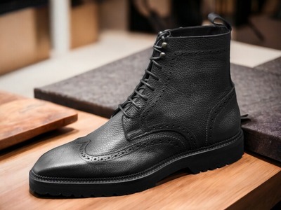 Handmade Men's Black Leather Lace up Wing tip Boot