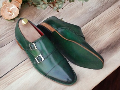 Handmade Men's Green Double Buckle Cap toe Dress Shoes